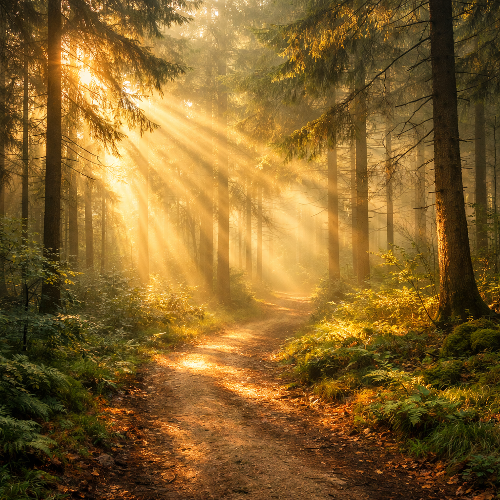Dirt path winding through a forest with sunlight filtering through tall trees